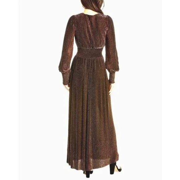 Boden Metallic Pleated V Neck Jersey Maxi Dress Holiday Copper Gold Trendy - Picture 3 of 16